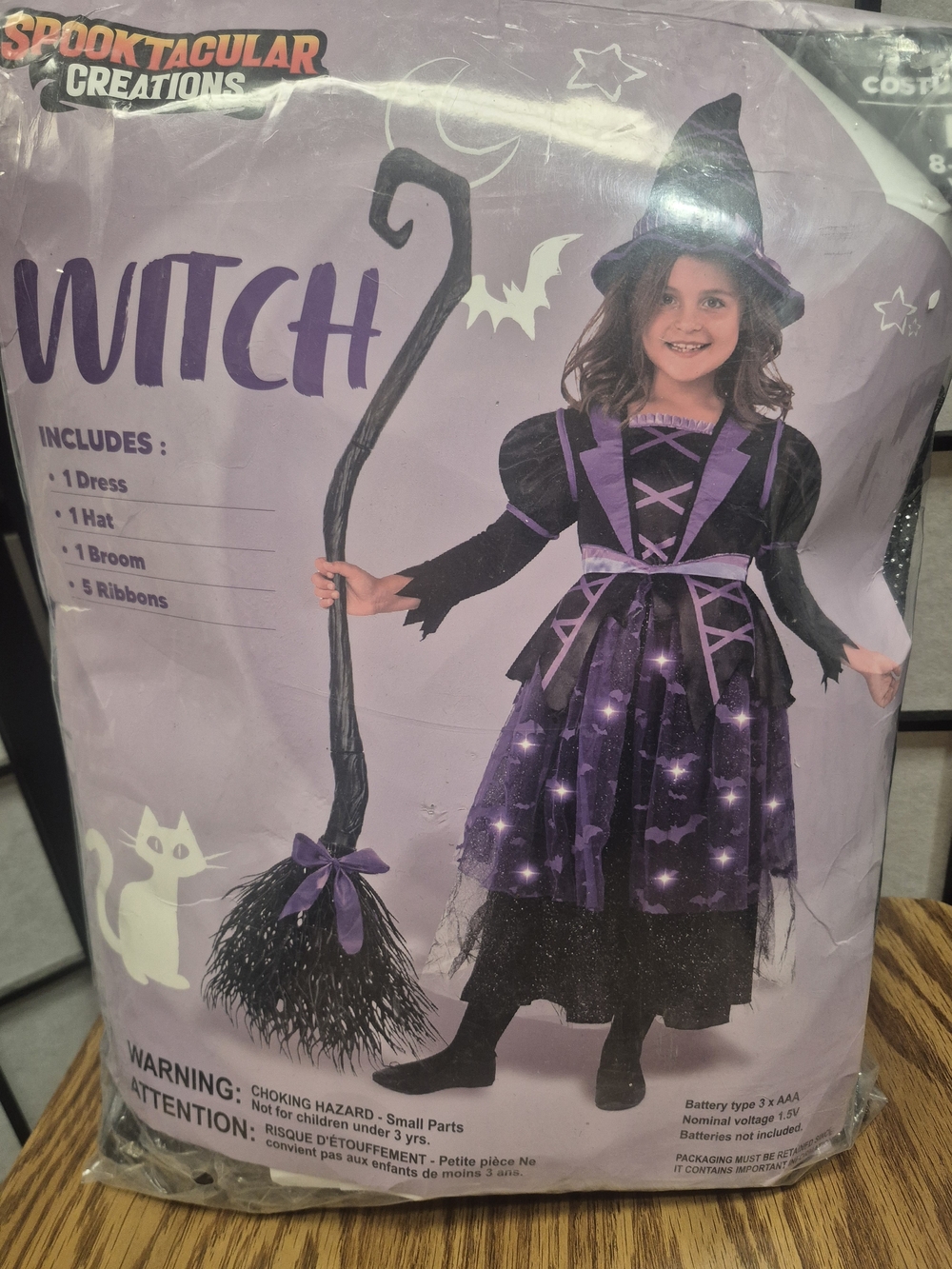 Girls' Purple Lite Up Witch Costume - Includes Dress Hat Broom Size 8-10